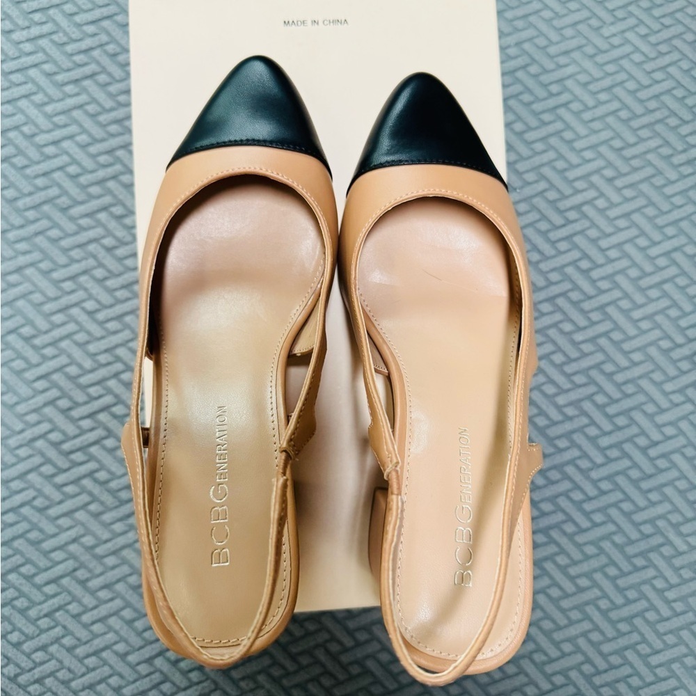 BCBGeneration Tan and Black Slingback Heels with Pointed Toe - Picture 13 of 13